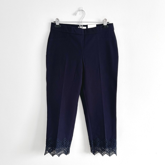 Laura Petites City Fit Lace Trim Pants Navy Straight Cut Stretch Size 6 - Picture 1 of 10